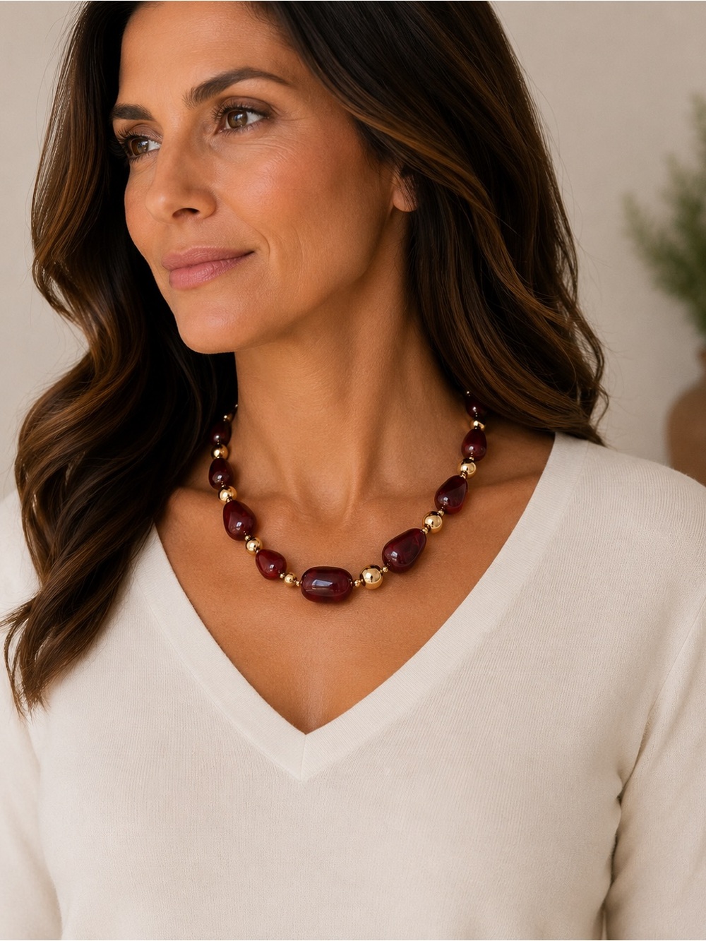Burgundy Marbled Statement Necklace with Gold Accents